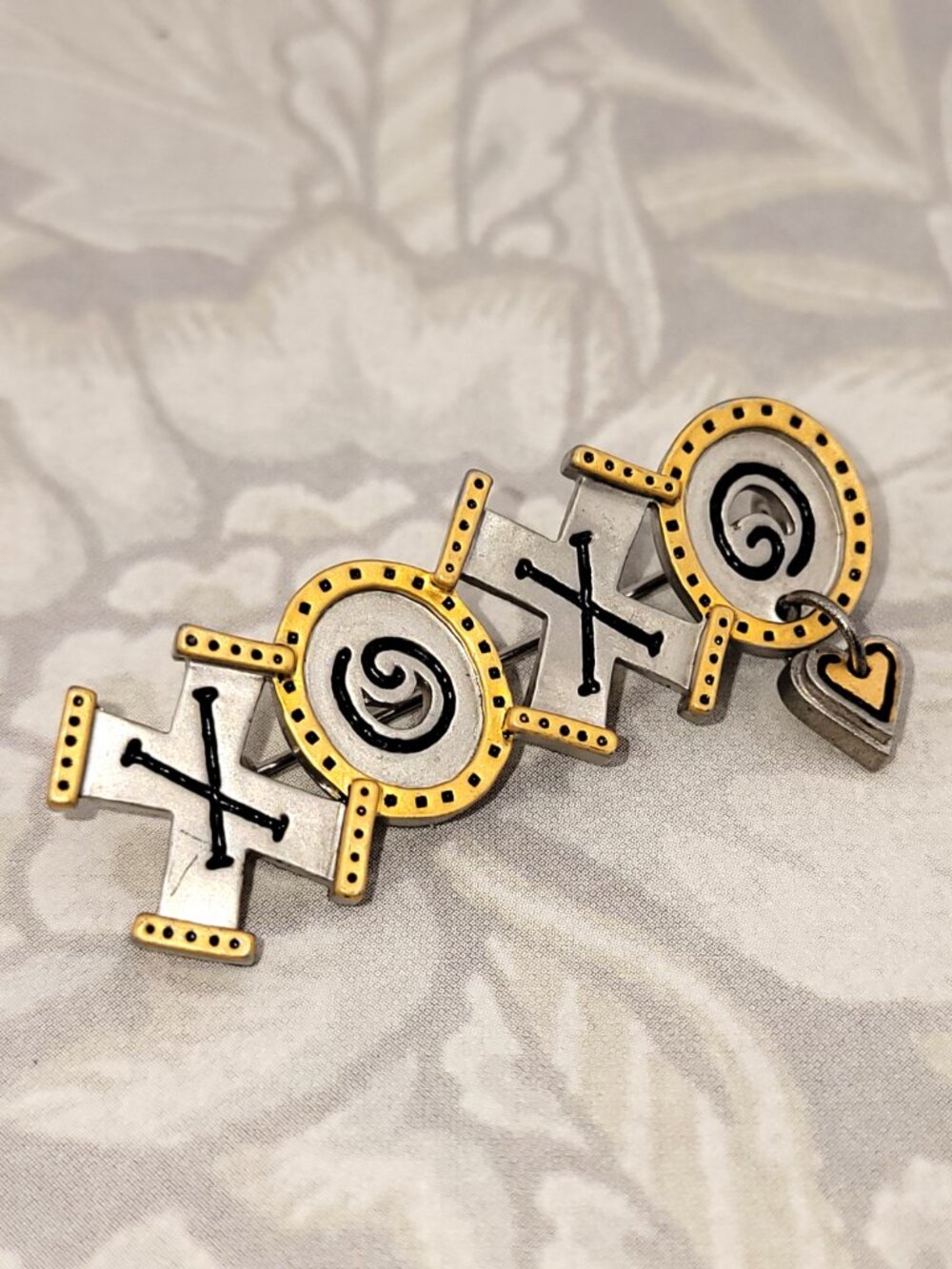 3/$30 Vintage Hallmark XOXO Brooch Pin Pewter Tone Gold Accent Heart Charm